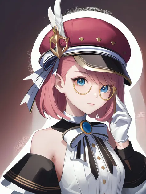 1girl, 
charlotte \(genshin impact\),  
solo, aqua eyes, white shirt, short hair, red hat, detached sleeves, monocle, hat, pink hair, bare shoulders, white gloves, shirt, long sleeves, upper body, cabbie hat, gloves, 
masterpiece, best quality
 <lora:mki-genshin108-1.5-v3:1>