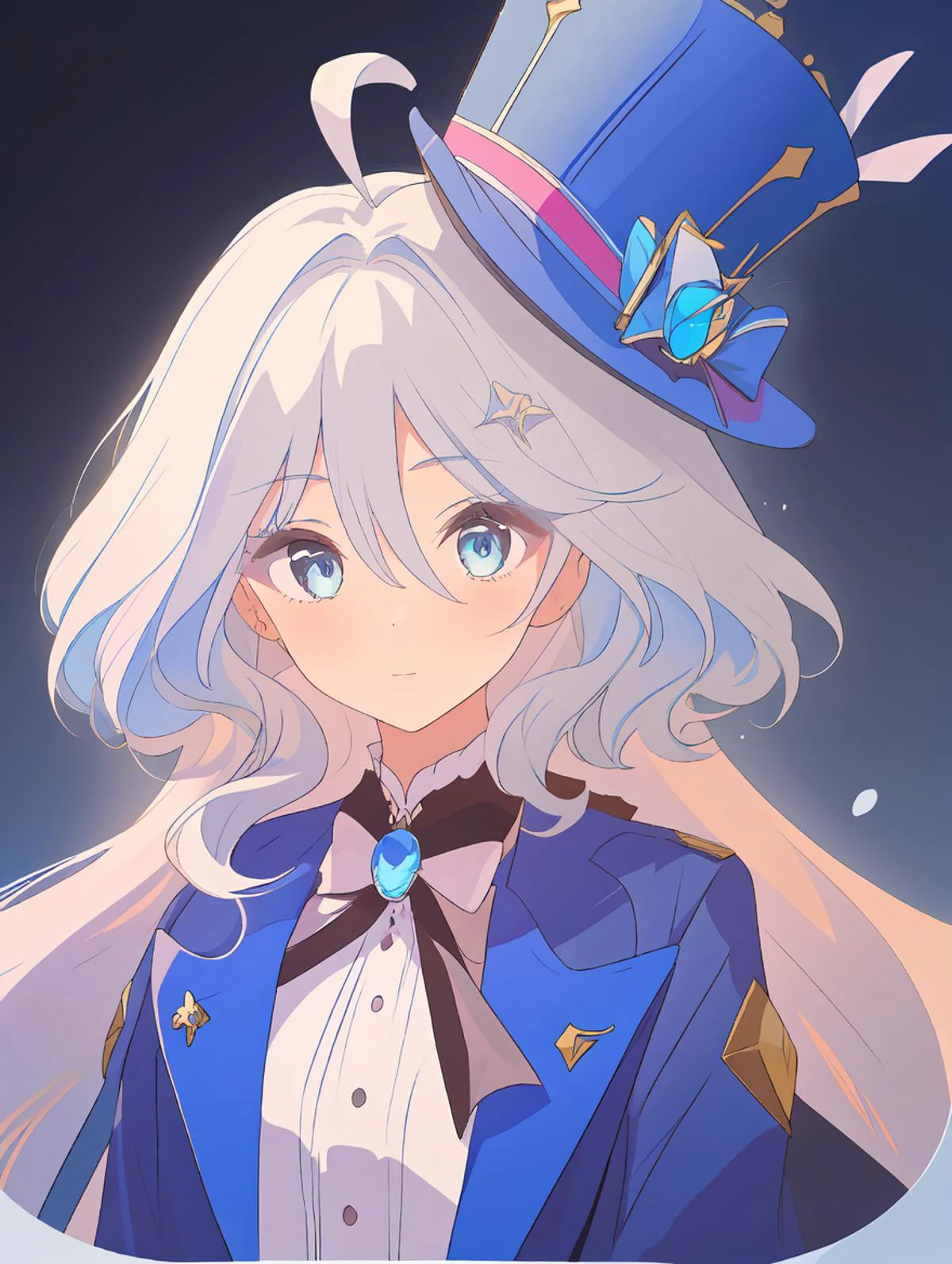 1girl,
furina \(genshin impact\),
solo, blue eyes, hat, jacket, blue hat, blue jacket, white hair, upper body, very long hair, long sleeves, ahoge, long hair, looking at viewer, top hat,
masterpiece, best quality
<lora:mki-genshin108-1.5-v3:1>