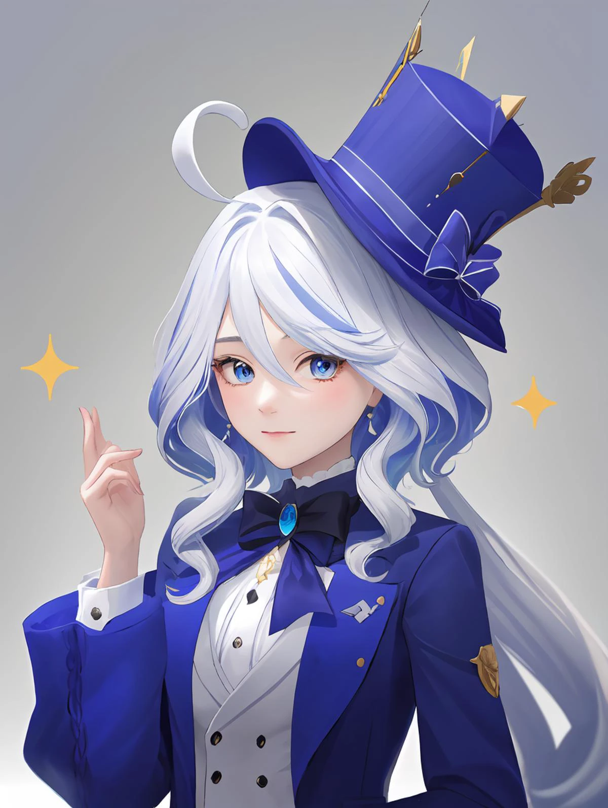 1girl,
furina \(genshin impact\),
solo, blue eyes, hat, jacket, blue hat, blue jacket, white hair, upper body, very long hair, long sleeves, ahoge, long hair, looking at viewer, top hat,
masterpiece, best quality
<lora:mki-genshin108-1.5-v3:1>