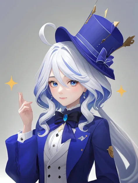 1girl, 
furina \(genshin impact\),  
solo, blue eyes, hat, jacket, blue hat, blue jacket, white hair, upper body, very long hair, long sleeves, ahoge, long hair, looking at viewer, top hat, 
masterpiece, best quality
 <lora:mki-genshin108-1.5-v3:1>