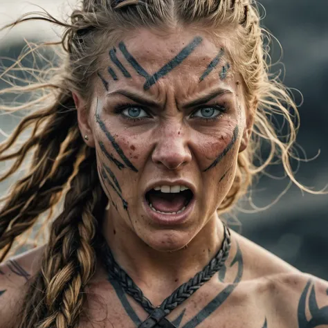 close-up photo of a fierce female viking warrior unleashes a battle cry, her face contorted with intensity and blood, eyes ablaze with determination, wild winds blowing through her braided hair, revealing her intricate tattoos and battle scars, insane details, realistic clothing, realistic shadow, skin imperfections, detailed eyes, 16k, uhd, dslr, masterpiece, insane details, award-winning photo, light beams streaming through haze