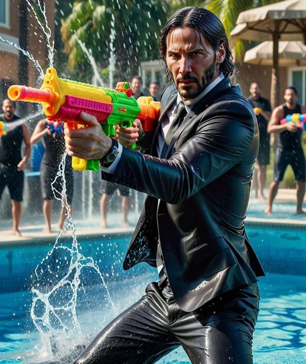 action shot Portrait of john wick shooting a water gun assault rifle, while aiming at the camera, wearing a black john wick suite, wet, water splashes, water gun battle in the crowded outdoor pool, 16k, UHD, DSLR, insane details, award-winning photo <lora:XL_Weapon_Assault_Rifle_-_By_HailoKnight:0.65>, <lora:d\EnvyActionShotXL01:0.65>, <lora:add-detail-xl:0.8>, detailed face, detailed eyes, background strong bokeh, <lora:xl-shanbailing-1011-2water:0.3>