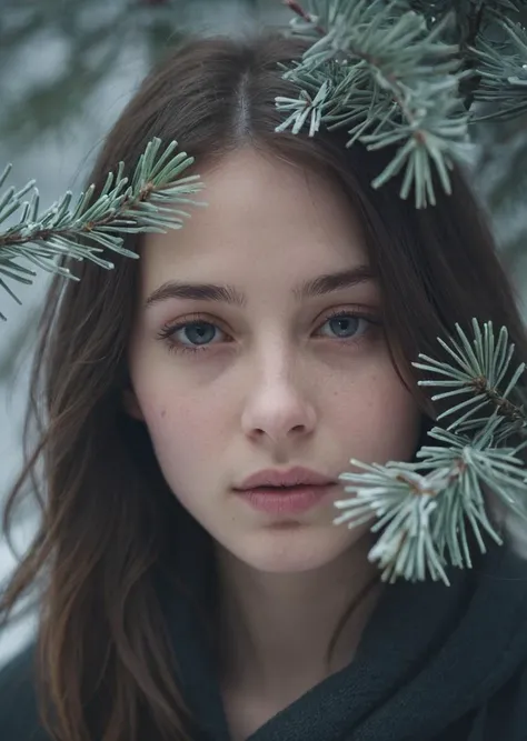 Close-up, (ethereal visage:1.3), partially obscured by (tousled hair:1.2) and (pine branches:1.1), (soft lips slightly parted:1.2), (mysterious aura:1.3), cool color palette, (hint of a gaze:1.1), (intimate proximity:1.2), deep shadows, (whispers of winter:1.4), (sensory immersion:1.3), (artistic blur effect:1.1), Leica M10, 1/60s, f/3.4, ISO 800, (subdued lighting:1.2), (captivating stillness:1.3).