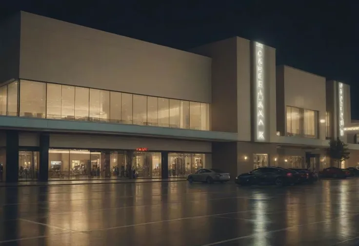 cinematic film still photo ,modern architectural design of shopping mall, broad lighting ,((a modern shopping mall exterior design)) ,night time ,cars, pedesterian,wet asphalt ,long camera exposure,(masterpiece, best quality), over shoulder view, photorealistic, 8k,,bokeh, cinemascope, moody, epic, gorgeous, film grain, grainy