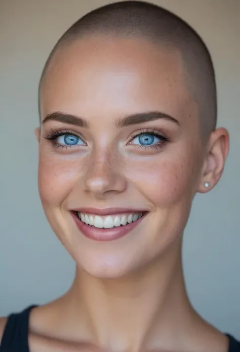 beautiful lady, (freckles), big smile, blue eyes, buzzcut hair, dark makeup, hyperdetailed photography, soft light, head and shoulders portrait, cover