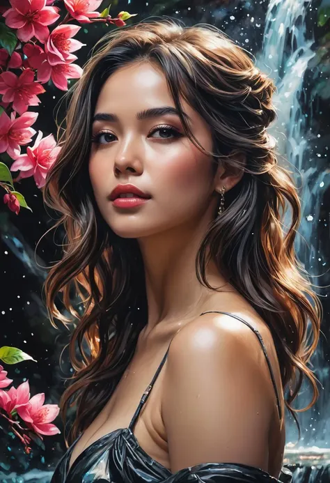 mj, RTX, 8k, HDR, best quality, cinematic story, (masterpiece), Andrey Atroshenko, Tanya Shatseva, Ross Tran, Anna Razumovskaya, realistic art, digital illustration, portrait, bright rich colors, alcohol ink drawing, watercolor, oil paints, black background, digital art,Vietnamese woman in waterfall, flowers, lotues, sakura, profile,Splash, ink stain, flow, Watercolor,