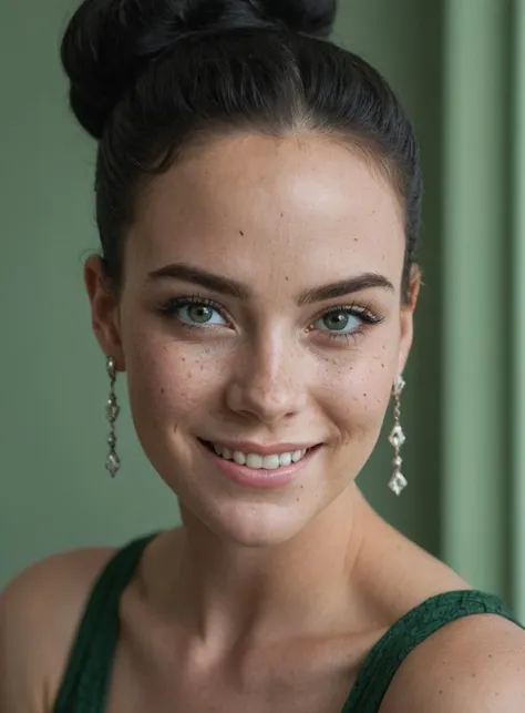 Imperfect, beautiful lady,(freckles:0.9), romantic smile, detailed green eyes, detailed iris, black hair in a bun, dark emo makeup, hyperdetailed photography, soft light, in the future, diamond earring,