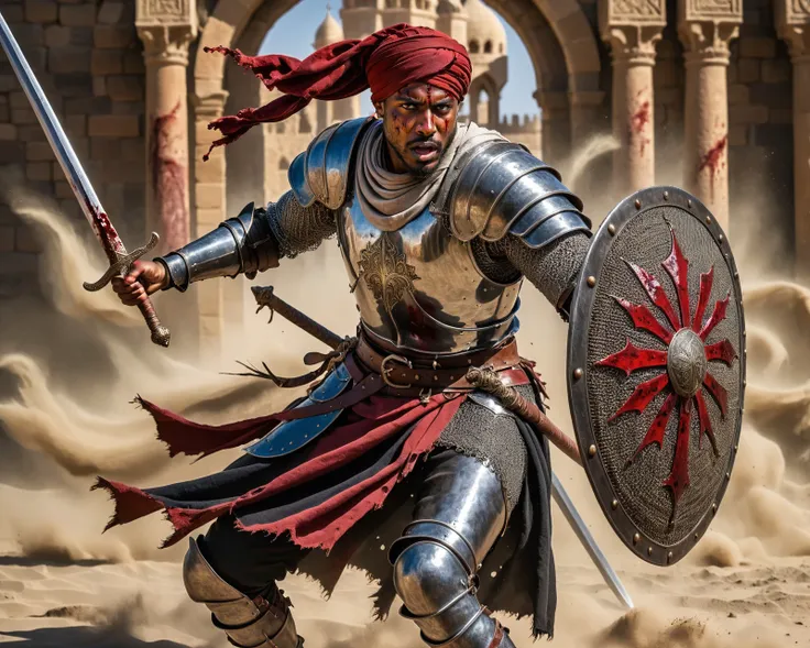 RAW photo of 25 years old Arabian knight in chain mail armor, wielding (Sword and shield), (scimitar:1.2) a round shield, dessert castle, palms, fighting against crusader knights, black linen, chain mail armor, action shot, dirt, blood, dust, damaged armor, blood splatters, 16k uhd, dslr, insane details, award-winning photo, <lora:XL_Weapon_Sword__Shield_-_By_HailoKnight:0.4>, <lora:d\EnvyActionShotXL01:0.9>, turban,  <lora:bloodyface:0.4> bloodyface, blood,