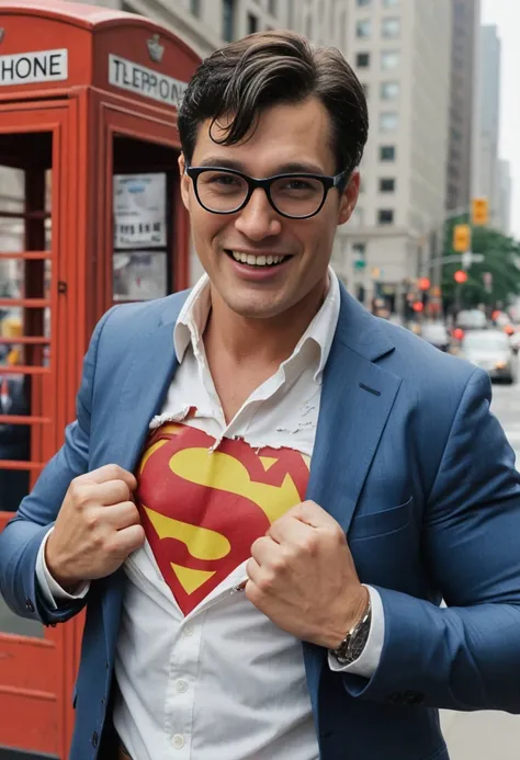 a reporter known as Clark Kent (tearing his white business shirt:1.2) with both hands, wearing a modern superman armor under his (torn at breast clothes:1.2), in a US telephone booth, patriotic smile, 16k,UHD, dslr, insane details, award-winning photo, <lora:rippingclothesv6abbreviated captions:0.5>