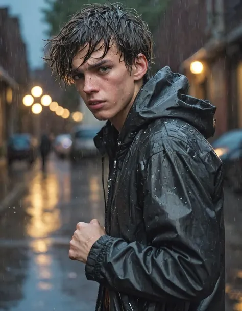 Dynamic pose, 25yo boy, candid photo, slender, twink, fierce eyes, chav, bully, anarchist, rain, skin imperfections, raindrops, wet hair, jacket, firm stance, Angry, about to punch, outdoors, nighttime, street,