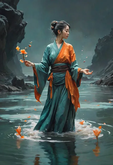 masterpiece, best quality, 8k, HDR, RGB, oil paints, watercolor, ink,   a woman standing in the middle of a body of water, artwork in the style of guweiz, teal orange color scheme, fibonacci flow, inspired by Xuande Emperor, still from the movie the arrival, onsens, depicting a flower, sekiro, swirling liquids, exalted, inspired by KanM Sanraku
Anna Razumovskaya, Bastien Lecouffe-Degarme, Carn Griffiths, E. Abramzon, Raphael, Caravaggio,