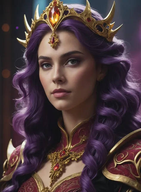 Photorealism,a woman princess of ice,  volumetric lighting, 
style 3/4,  High detail close-up head,
facing camera, realistic portrait of a gothic female blood elf, (curly hair:1.1), (purple
hair:1.3), magical dark and red universe, magic cloth armor
with red and yellow engrave in intricate details, (abstract
background:1.2), (light particle:1.1), 
(game concept:1.3), (elden ring style:1.3), (arcane style:0.8),
 global illumination, art by hoang lap and
fuji hoko and artgerm and greg rutkowski and viktoria
gavrilenk, rich texture detail, world photographic masterpiece, highly texture film grain, cinematic realistic,