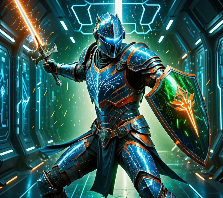 RAW photo of a futuristic knight in shiny blue electric circuits armor, wielding (Sword and shield), green-light-sword and orange-glowing- magic-light-shield, inside starship, virtual training room, action shot, damaged armor, blood splatters, 16k uhd, dslr, insane details, award-winning photo, <lora:XL_Weapon_Sword__Shield_-_By_HailoKnight:0.45>, <lora:d\EnvyActionShotXL01:0.6>, <lora:xl_shanbailing_0927lightning:0.2> composed of elements of thunder, thunder, electricity