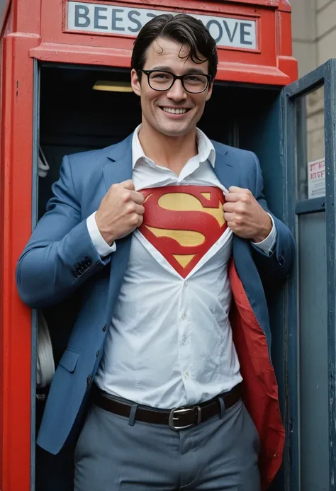 a reporter known as Clark Kent (tearing his white business shirt:1.2) with both hands, wearing a modern superman armor under his (torn at breast clothes:1.2), in a US telephone booth, patriotic smile, 16k,UHD, dslr, insane details, award-winning photo, <lora:rippingclothesv6abbreviated captions:0.5>