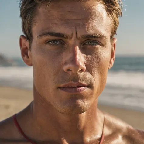 close-up photo of Malibu lifeguard, sun-kissed, well-tanned, monitoring the malibu beach, insane details, realistic clothing, realistic shadow, skin imperfections, detailed eyes, 16k, uhd, dslr, masterpiece, insane details, award-winning photo, light beams streaming through haze