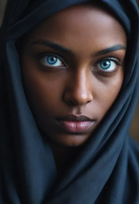 A photo of a person with (striking blue eyes:1.3), dark complexion, draped in a (black headscarf:1.2), (piercing gaze:1.2), subtle facial features, high contrast against (dark background:1.1), (depth in eyes:1.2), natural light highlighting face, sharp focus, portrait orientation, Canon EOS R, 1/80s, f/2.8, ISO 100, (soulful expression:1.3), intimate portrait, profound narrative, (rich texture detail:1.1), fine art photography