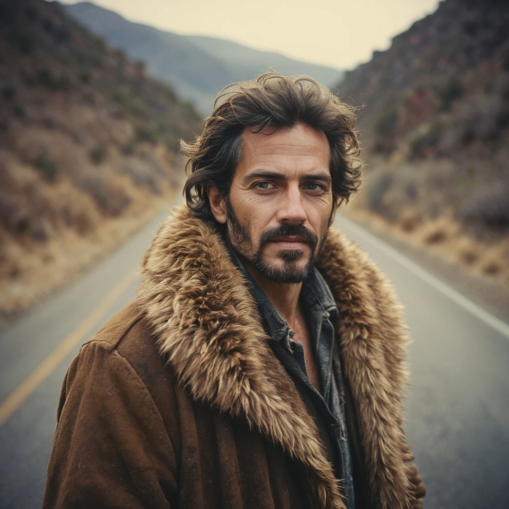 photograph, Catalan Man Vagabond, Captivating, wearing Good Dynamic Fur coat, tilt shift, Movie still, Nintencore, soft light, Long exposure, Polaroid, Zoom lens, octane engine, (stylized by William Trost Richards:1.1) , (Sanford Robinson Gifford:0.7)