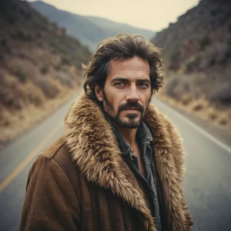 photograph, Catalan Man Vagabond, Captivating, wearing Good Dynamic Fur coat, tilt shift, Movie still, Nintencore, soft light, Long exposure, Polaroid, Zoom lens, octane engine, (stylized by William Trost Richards:1.1) , (Sanford Robinson Gifford:0.7)
