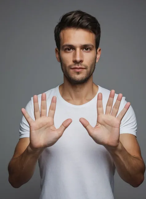 centered, half body photo of 30 y.o man shows hands with five fingers , shirt, natural skin, dark shot