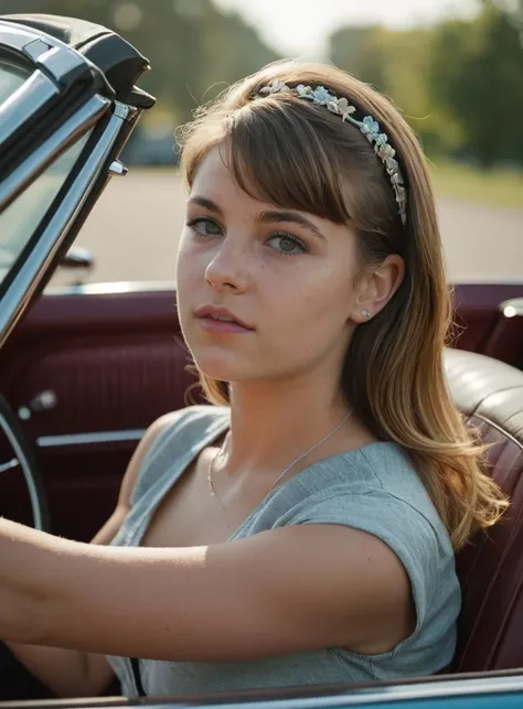 a cute 20-year-old girl relaxing in a 1964 Mustang convertible, friendly tired face, highly detailed skin with no make-up, cute hair accessories, soulful shining eyes, light and shadow, anti-aliasing, color-graded, nikon D850,cinematic,