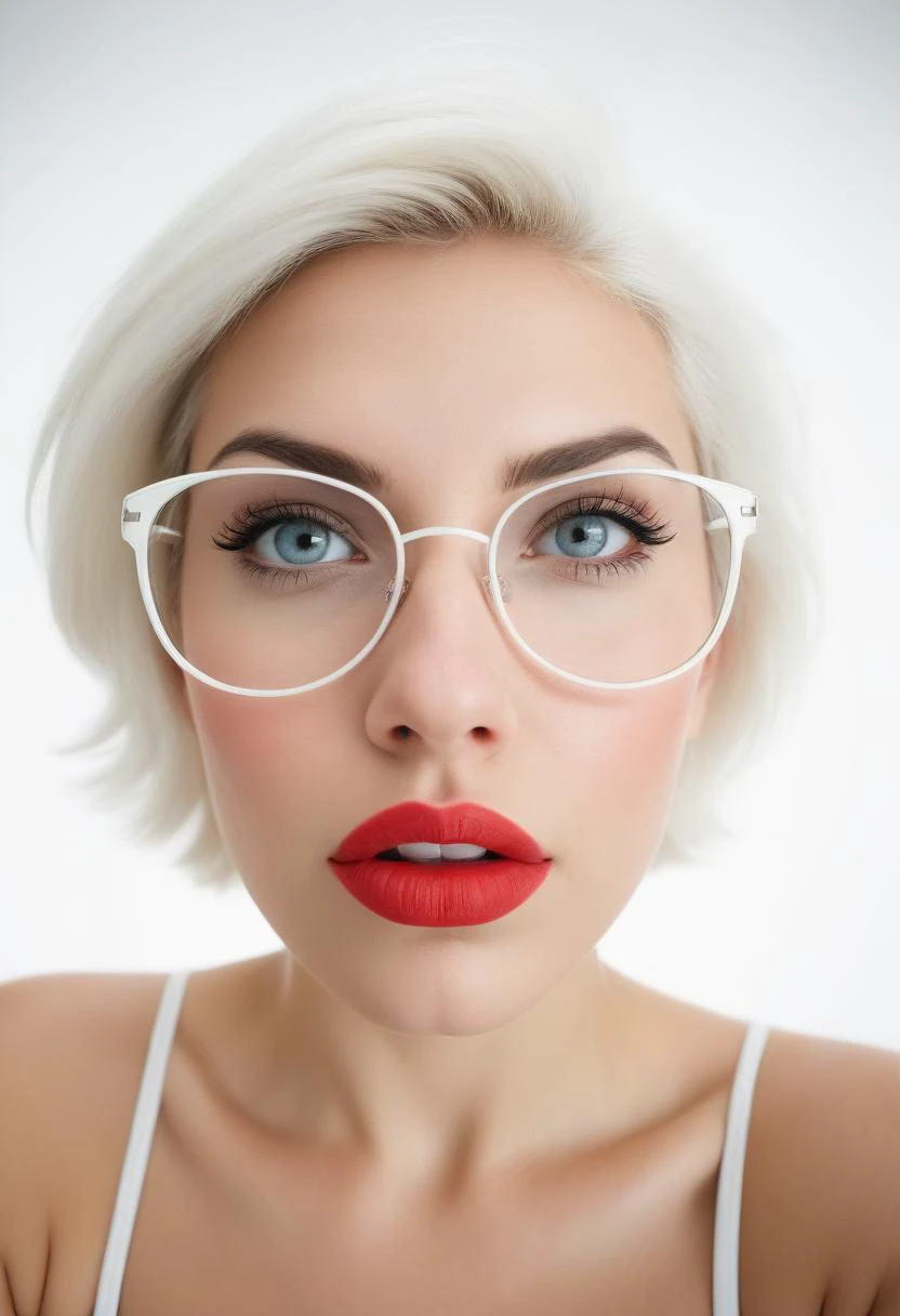 award-winning photography by John Willhelm of a young happy woman leaned forward deeply and pursed her lips, duck face lips, short white hair, wear a white glasses, flat chest, sensual, seductive, natural color lips, dynamic pose, shot with fisheye lense, extra wide angle of view, view from below, simple white background