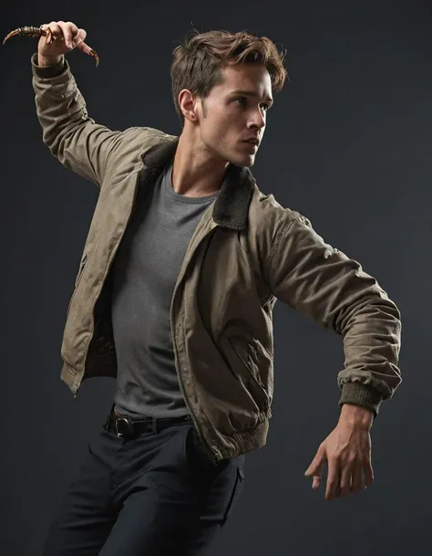 best quality, masterpiece, intricate details, an (surprised) (scorpion pose) 25yo European man, short hair, from the side, clubroom,, jacket, pants,, (broad shoulders:0.6), 8k uhd, high quality, dramatic, cinematic, (skin imperfections), waning light, dark background, flash photography,