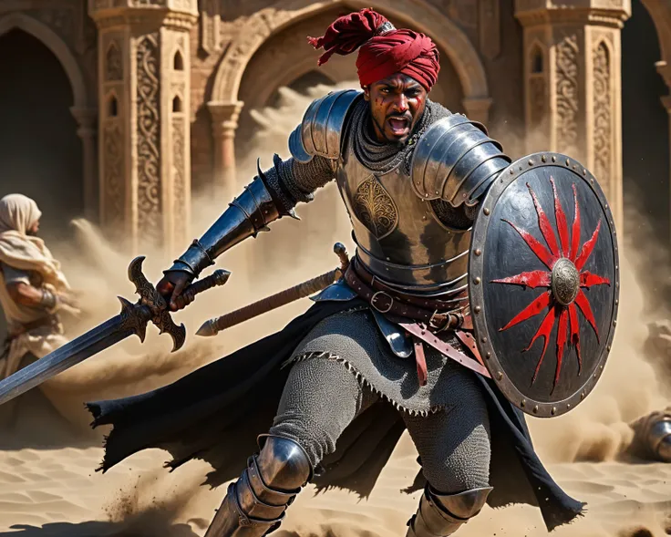 RAW photo of 25 years old Arabian knight in chain mail armor, wielding (Sword and shield), (scimitar:1.2) a round shield, dessert castle, palms, fighting against crusader knights, black linen, chain mail armor, action shot, dirt, blood, dust, damaged armor, blood splatters, 16k uhd, dslr, insane details, award-winning photo, <lora:XL_Weapon_Sword__Shield_-_By_HailoKnight:0.4>, <lora:d\EnvyActionShotXL01:0.9>, turban,  <lora:bloodyface:0.4> bloodyface, blood,