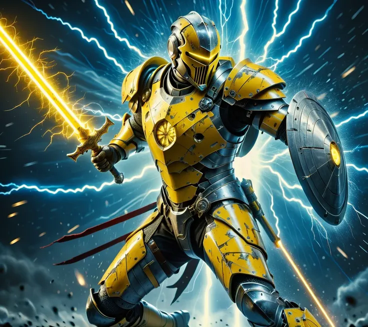 RAW photo of a futuristic knight in electric armor, wielding (Sword and shield), yellow laser-sword and laser-shield, inside starship, virtual training room, action shot, damaged armor, blood splatters, 16k uhd, dslr, insane details, award-winning photo, <lora:XL_Weapon_Sword__Shield_-_By_HailoKnight:0.5>, <lora:d\EnvyActionShotXL01:0.9>, <lora:xl_shanbailing_0927lightning:0.1> composed of elements of thunder, thunder, electricity