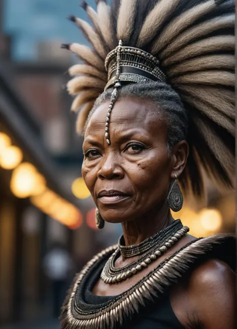 real photo, photorealistic, dark photo of a traditional zulu female warrior, 60yo, KwaZulu-Natal, intricate hair detailes, in a city, sharp focus, high contrast, bokeh, insane realistic skin texture with pores, ((full body shot, full body portrait, full body view, focus on full body)),