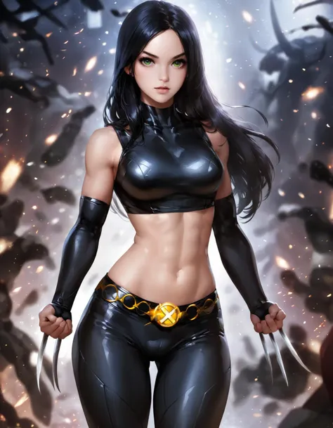 photo of a beautiful (laura_kinney), (claws), midriff, navel, pants, (abs:0.7), (medium shot), masterpiece, best quality, superhero costume, wolverine, <lora:laura_kinney_sdxl_3000:0.75>