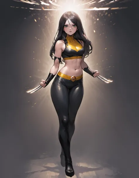 photo of a beautiful (laura_kinney), (claws), midriff, navel, pants, (abs:0.7), (medium shot), masterpiece, best quality, superhero costume, wolverine, <lora:laura_kinney_sdxl_3000:0.75>