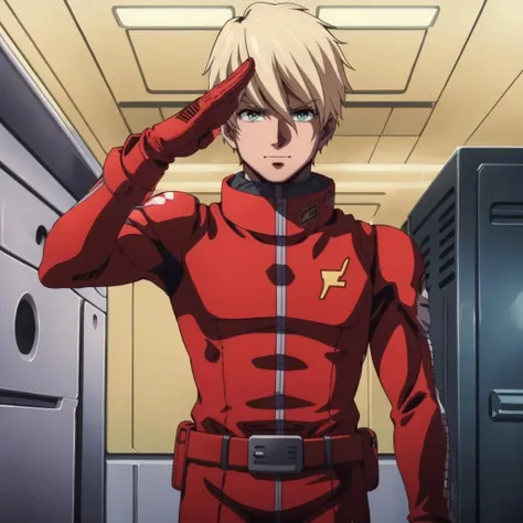 masterpiece,high quality,solo,indoors,
<lora:johnnyridden001:0.7>,
johnnyridden,1man,
short hair,blonde hair,green eyes,
red pilot suit,
gloves,
belt,
salute,