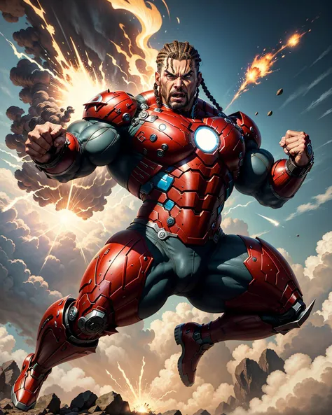 full shot photo of muscular ironman, flying,red robot outfit, cornrows, fists, angry, energetic, realistic,photo, blue sky background, comics style, detailed clothes, <lora:bulkedupAI_bulkedupAIR15:0.5>