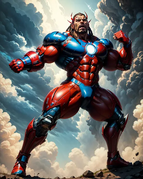full shot photo of muscular ironman, flying,red robot outfit, cornrows, fists, angry, energetic, realistic,photo, blue sky background, comics style, detailed clothes, <lora:bulkedupAI_bulkedupAIR15:0.5>