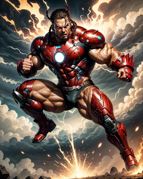 full shot photo of muscular ironman, flying,red robot outfit, cornrows, fists, angry, energetic, realistic,photo, sky background, comics style, detailed clothes, <lora:bulkedupAI_bulkedupAIR15:0.45>