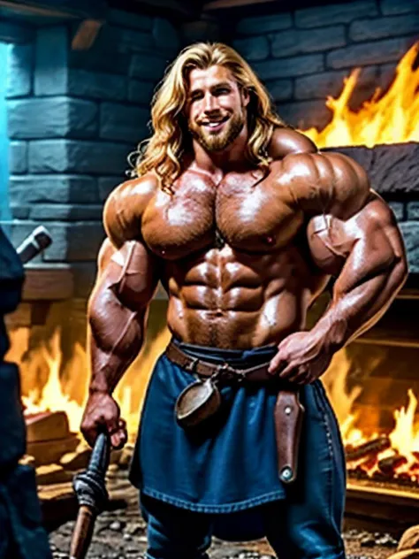(one male) (1boy) (front view), (cowboy shot).
Very detailed masculine face, detailed realistic open eyes, bodybuilder, (big muscles), (big pectorals), narrow waist, (long hair), (smile).
(blacksmith:1.3), apron, beard, belt, blonde hair, blue eyes, boots, dark-skinned male, dirty, fantasy, fire, fireplace, gloves, hammer, holding, indoors, looking at viewer, male focus, manly, messy hair, standing, table, torch, (topless male) (shirtless), sweaty.
Realistic, photoreal, High contrast, high saturation, highly detailed, high quality, masterpiece, volumetric light, vibrant colors, depth of field.
<lora:BulkedUpAIR1.5:0.5>
<lora:RPGBlacksmith:1>