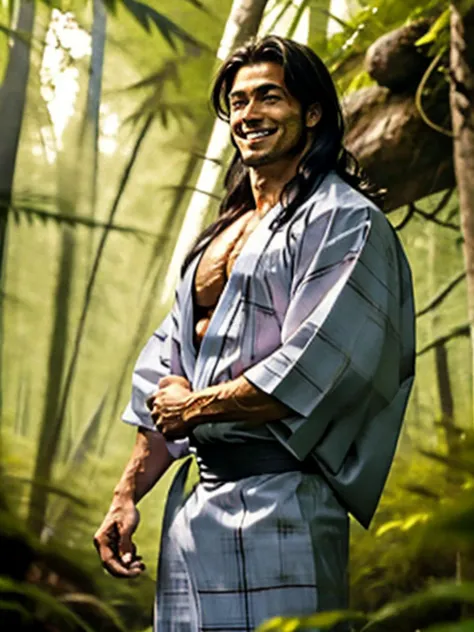 (one male) (front view:1.6).
Very detailed masculine face, detailed realistic open eyes, bodybuilder, (big muscles), (big pectorals), narrow waist, (long hair:1.25), (smile).
Wearing (M-YUKATA), (bare shoulders) (exposed chest).
In a bamboo forest.
Realistic, photoreal, High contrast, high saturation, highly detailed, high quality, masterpiece, volumetric light, vibrant colors, depth of field.
<lora:BulkedUpAIR1.5:0.4>
<lora:M-YUKATA:0.6>
<lora:lightV1:1>
<lora:眼睛双:0.9>