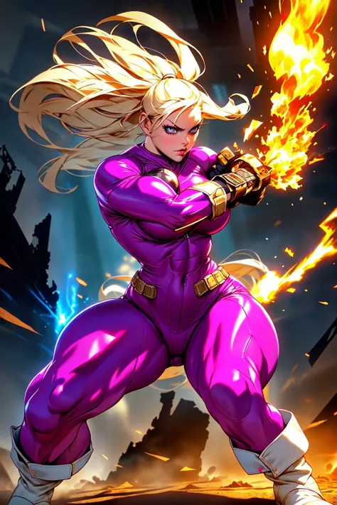 full body shot, A wide shot of an angry female superhero, muscular, in the middle of a destroyed city,Plum suit,skin tight, (fighting stance:1.2), dynamic pose,
hair flutters, bare face, big breast, thin waist, pelvic, calf, White boots,
burning, fire, full of dust, strong wind,lightning, serious, dust,iron_scrap,
(realistic skin_details, sharp focus, eyes_focus, masterpiece,best quality,finely detailed,extremely detailed, realistic detail,clear_image,realistic, high_resolution,distinct_image:1.2) <lora:bulkedupAI_bulkedupAIR15:0.25>