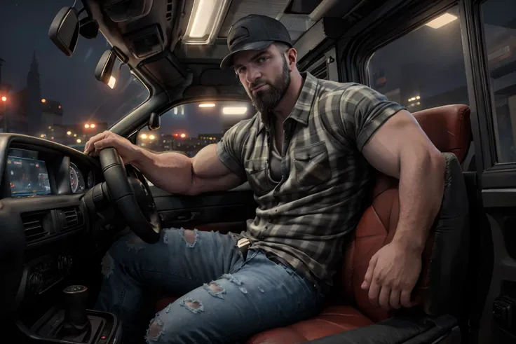 passenger side view, hyperrealistic, (masterpiece), high details, ultra-realistic, photograph of (<lora:chuckcv1:1> chuckc, muscular male, short hair, facial hair, beard, male focus), sitting in a truck interior, behind steering wheel, dashboard, carseat, front seat, looking at viewer, arm on car door, blurry commercial district background, bokeh, 32k, cinematic, midnight, (((flannel shirt))), (((t-shirt))), trucker cap, jeans, (((SFW))),