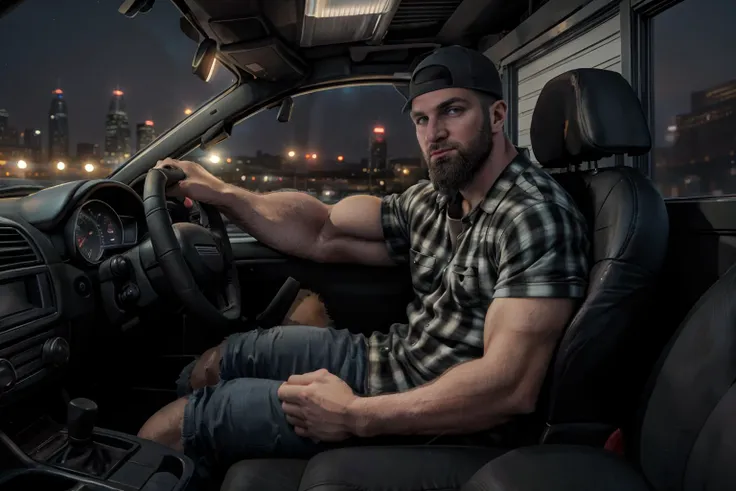 passenger side view, hyperrealistic, (masterpiece), high details, ultra-realistic, photograph of (<lora:chuckcv1:1> chuckc, muscular male, short hair, facial hair, beard, male focus), sitting in a truck interior, behind steering wheel, dashboard, carseat, front seat, looking at viewer, arm on car door, blurry commercial district background, bokeh, 32k, cinematic, midnight, (((flannel shirt))), (((t-shirt))), trucker cap, (((SFW))),