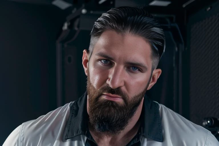 <lora:chuckcv1:0.8> chuckc, short hair, beard, undercut, professional studio quality modeling headshot, 4K, simple background, dramatic lighting, shirt, ultra realistic photograph, professional art, by Gucci photographer.