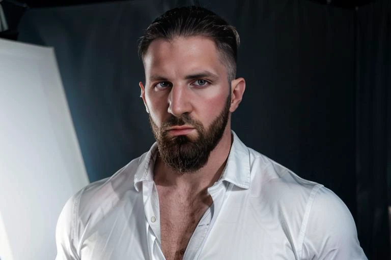 <lora:chuckcv1:0.8> chuckc, short hair, beard, undercut, professional studio quality modeling headshot, 4K, simple background, dramatic lighting, shirt, ultra realistic photograph, professional art, by Gucci photographer.