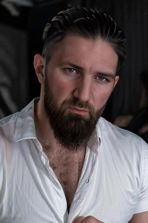 <lora:chuckcv1:0.9> chuckc, short hair, beard, undercut, professional studio quality modeling headshot, 4K, simple background, dramatic lighting, shirt, ultra realistic photograph, professional art, by Gucci photographer.