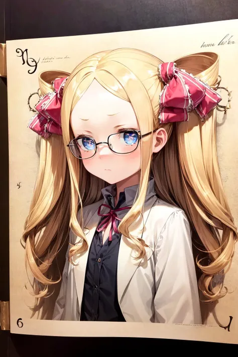 antique pictorial book,masterpiece,best quality,1girl,(solo),aabeatrice,symbol-shaped pupils,blonde hair,long hair,twin drills,sidelocks,hair ribbon,labcoat,glasses,expressionless,<lora:Concept-control tool-add_detail-CyberAIchemist:0.7>,<lora:CHAR-Re Zero-Beatrice-Betty-V1-AI_popai:0.9>,<lora:Style-Antique Pictorial Book(antique pictorial book)-v1-harurain:1>,