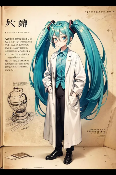 antique pictorial book,masterpiece,best quality,1girl,(solo),hatsune miku,labcoat,glasses,scientist,expressionless,<lora:Concept-control tool-add_detail-CyberAIchemist:0.7>,<lora:Style-Antique Pictorial Book(antique pictorial book)-v1-harurain:1.1>,