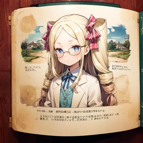 antique pictorial book,masterpiece,best quality,1girl,(solo),aabeatrice,symbol-shaped pupils,blonde hair,long hair,twin drills,sidelocks,hair ribbon,labcoat,glasses,scientist,expressionless,<lora:Concept-control tool-add_detail-CyberAIchemist:0.7>,<lora:CHAR-Re Zero-Beatrice-Betty-V1-AI_popai:0.8>,<lora:Style-Antique Pictorial Book(antique pictorial book)-v1-harurain:1.1>,