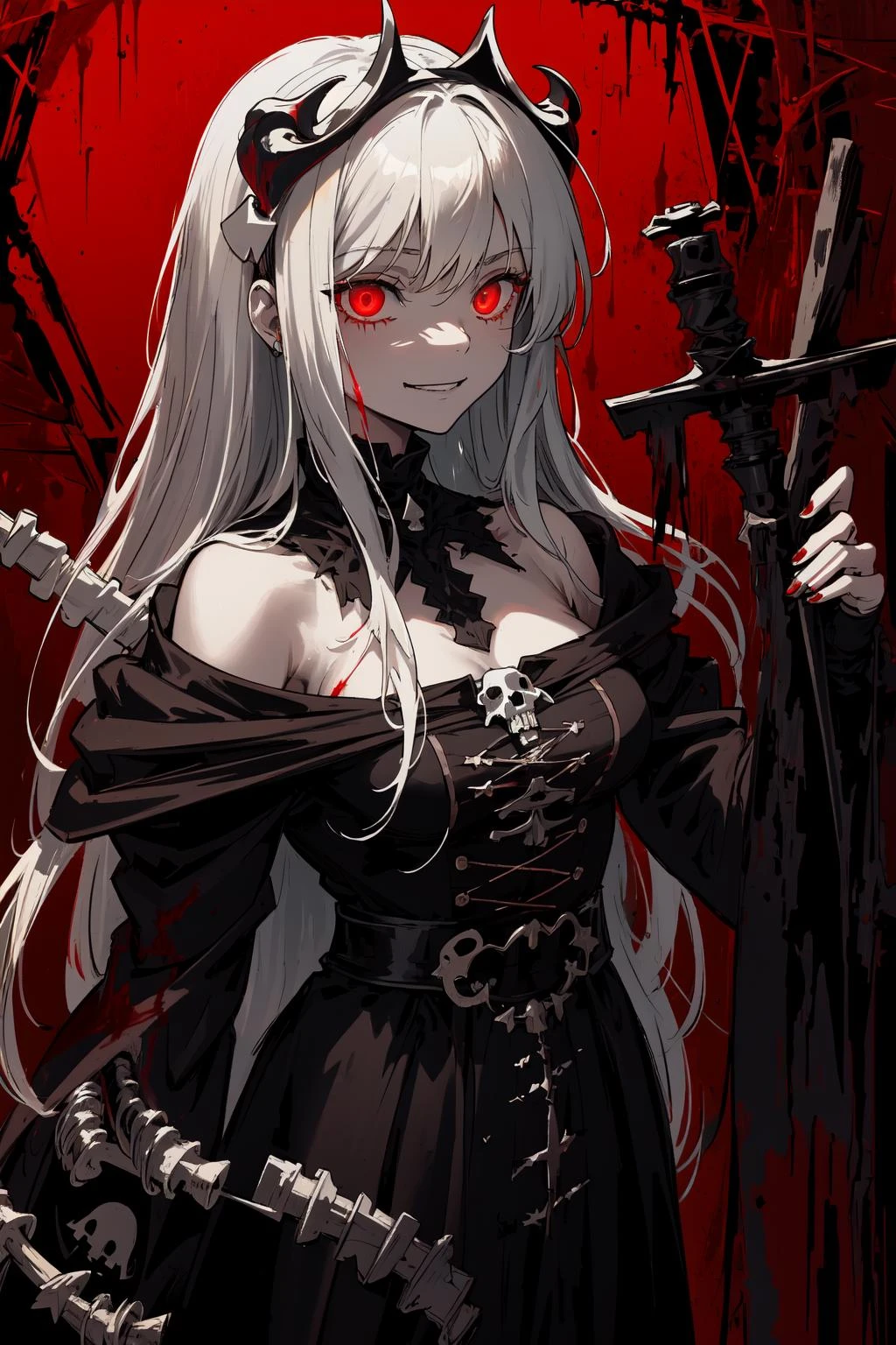 (thriller theme,bloody violence themes:1.3),
good detailed, (glowing background),
, masterpiece, best quality, wide-angle Hyperdetailed, masterpiece, 8k, natural lighting, soft lighting, sunlight, HDR (High Dynamic Range), Maximum Clarity And Sharpness, Multi-Layered Textures,
looking at viewers,close to viewers,night,unholy,
(faith of the deceased,absolutely malicious cult,human sacrifice ceremony,eerie black fog and blood mist,eerie frenetic smile:1.4),(severe bleeding, self-mutilation:1.4)
1 girl,upper body,perfect detailed eyes and face,frown,red eyes,white hair,skulls and bones theme's dressing,beautiful detailed black gothic dress,blood tears
(a cult temple built entirely from human bones:1.4),
(glowing eyes,messy long hair:1.5),
lens flare,light leaks, <lora:1664731536380004407:0.8> antique pictorial book