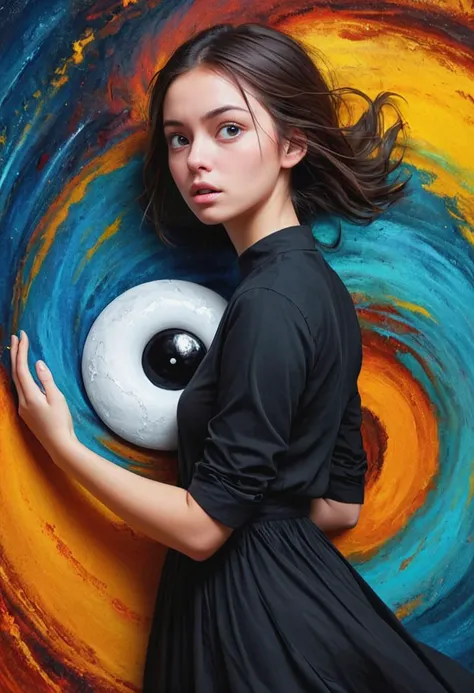 digital painting on a young woman, confused, vortex, impressive, yin and yang, harsh, curious, glorification, radiant, thriving, impassioned, attractive, raw photograph,