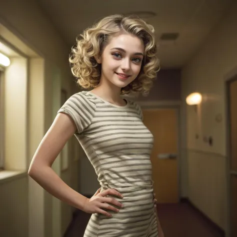 night,Ultra-HD-photo-same-realistic-quality-details,physically-realistic, a girl,circassian, striped sleevessleeves rolled up,retro curls,standing with hand on her hip,shy smile, redshift,alien abandoned hospital,high face details,detailed eyes,beautifully lit,ethereal glow,en