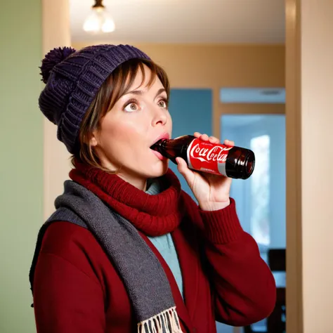 medium shot, (masterpiece:1.2), (best quality:1.2), portrait photo of a mature woman drinking a bottle of coke, holding up  a tall bottle of coke, side view, simple, homely,  covered up, wearing multiple coats and sweaters, scarf, hats, multiple layers of clothes, standing,  (detailed eyes:1.2), ultra detailed skin, detailed face, boring hair, light on face, realistic skin, close up, daytime, random poses, (ultra sharp image:1.2),  realistic skin, realistic skin color, unsexy, nothing offensive that would trigger other members, don't want to start a fight or anything